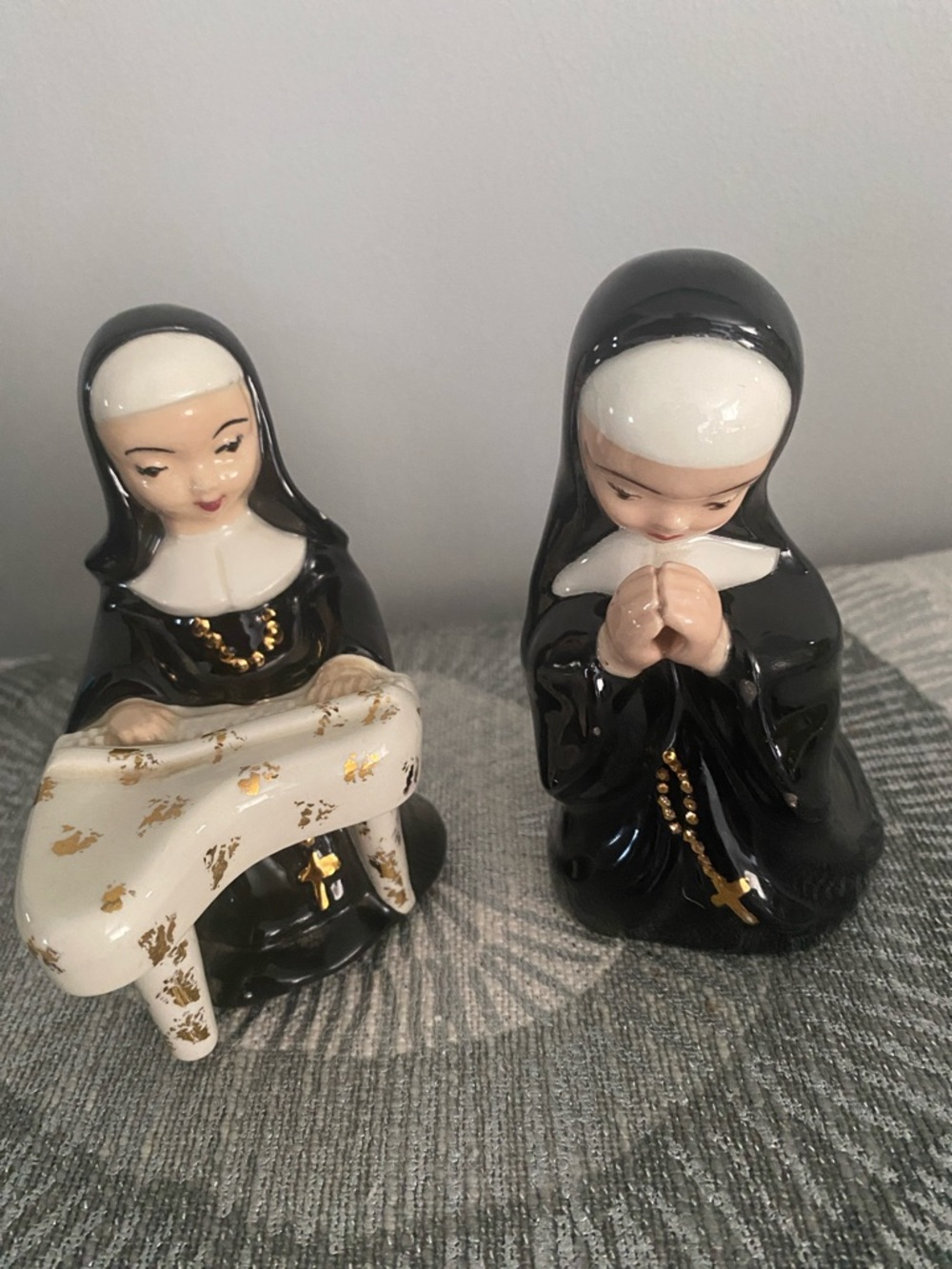 Vintage Porcelain Nun Figurine Pair in Black, White & Gold 1957 Rare